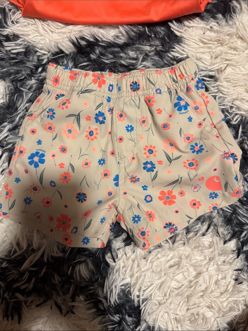 Carhartt toddler Floral Athletic Shorts in Cream with Coral & Blue Flowers
